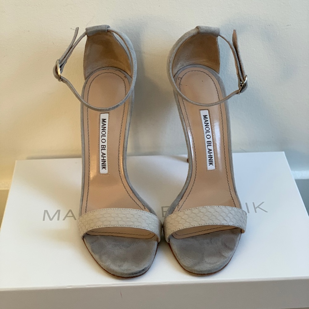 Manolo Blahnik Chaos Grey Suede Ankle Strap Sandal